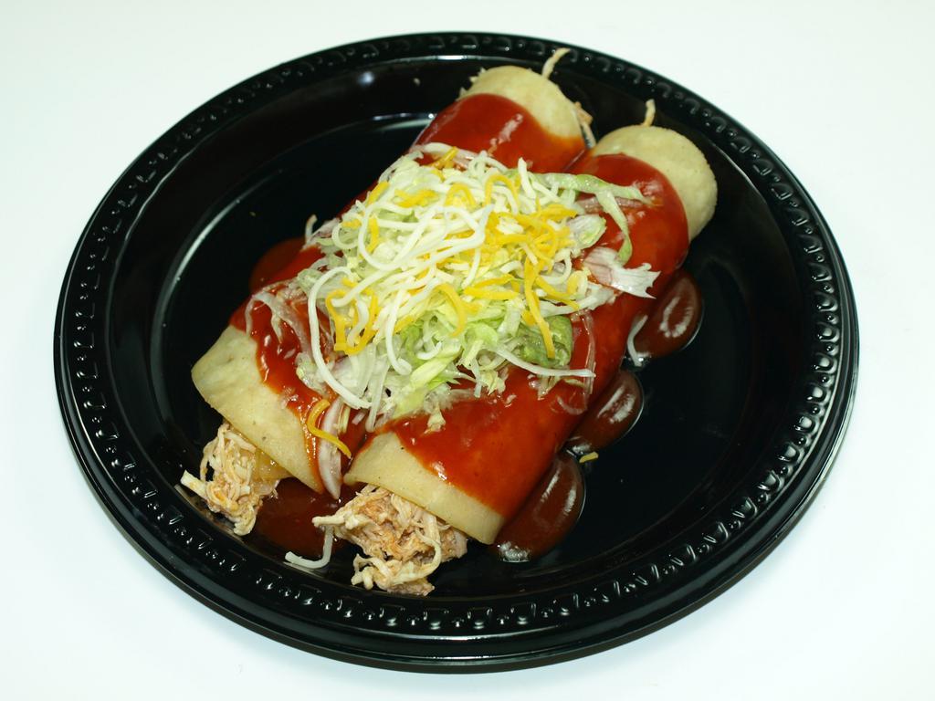 Set of 2 Chicken Enchiladas · Shredded Chicken cooked tomato. Lettuce and cheese.