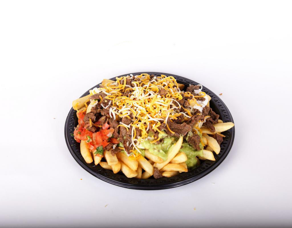 Carne Asada Fries · Your choice of protein. Made with guacamole, pico de gallo, sour cream, beans and cheese on top of the french fries.
