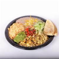 #10. Chorizo Plate Combination · Pork Chorizo with egg, pico de gallo, lettuce, guacamole. Rice and beans with cheese on the ...