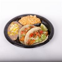 #14. Two Fish Tacos Combo · Two fish tacos: tartar sauce, pico de gallo, cabbage and limes. Rice and beans with cheese o...