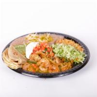 #18. Shrimp Plate Combo · Shrimp cooked with bell pepper, tomatoes, onion and cheese. Lettuce, guacamole, sour cream, ...