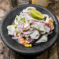 Ceviche Mixto  · Shrimp, white fish, Calamari, octopus, scallops, cilantro, red onnions and citrus juice.