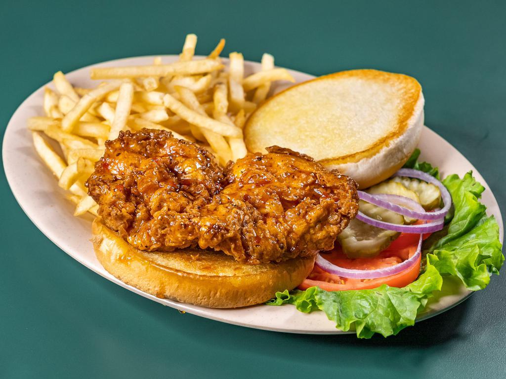 Buffalo Chicken Sandwich · Our chicken fried chicken dipped in your choice of hot, sweet and spicy, or smokey ghost wing sauce.