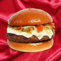 The Italian Burger · Beef patty with roasted red peppers, caramelzied onions, melted provolone cheese, and a pest...