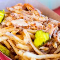 SIDE Dirty Fries. · Nice Crispy fries topped off with White Queso Cheese, Shredded Hot Chicken and pickles.