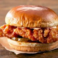 Classic Chicken Sandwich Meal · Fried chicken breast on toasted bun topped with pickle and signature sauce.