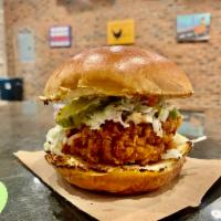 Cool Chic Sandwich · Fried chicken breast on toasted bun topped with our homemade coleslaw, pickle and mayo.