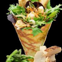 17. Thai Chicken Crepe · Sliced chicken breast, mesclun mix, boiled asparagus, cucumbers, julienned carrots, cilantro...