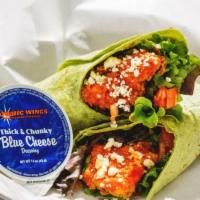 Buffalo Blue Wrap · Crispy chicken tenders tossed in your choice of hot sauce served over lettuce, tomato, onion...