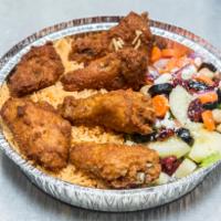 6 Piece Hot Wings with Rice Platter · With rice and salad. Served with choice of soda. 