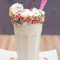 Birthday Milkshake · Vanilla ice cream, birthday sprinkles and whipped cream.