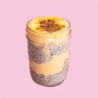Passion Fruit Chia Pudding Jar · Homemade passion fruit mousse, layered with overnight chia pudding and passion fruit syrup.