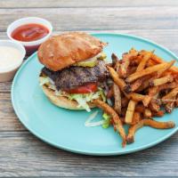 Hamburger · 1 ¼ lb. beef patty, fresh lettuce, onion, tomato, pickles, ketchup and Ever’s sauce. 