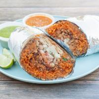Big Burrito · Flour tortilla with rice, pinto beans, your choice of meat, onion, tomato, cilantro, and sou...