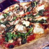 Abruzzese Pizza · Tomato, mozzarella, broccoli rabe and sausage.