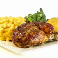Quarter Dark Roasted Meal · 2 pc Dark Roasted Chicken (leg & thigh) served with 2 Side Dishes and cornbread.