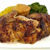 Half Chicken White Roasted Meal · 4pc White Roasted Chicken (2 breasts & 2 wings) served with 2 Side Dishes and cornbread.