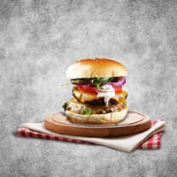 Double B&B Angus Burger · Double Angus beef patty with house sauce, leaf lettuce, Roma tomato, pickles, shaved onions,...