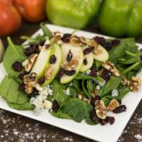 Spinach Gorgonzola Salad · Spinach, Gorgonzola, walnuts, apples, and cranberries.
