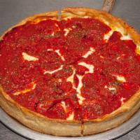 Chicago Deep Dish Pizza · Pan-cooked, butter crust that is smothered with cheese and chunky tomato sauce, then baked t...