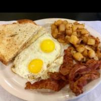  Special House Offer Breakfast · 2 eggs, choice of bacon or sausage, and 2 sides.
