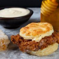 Honeybutter Chicken Biscuit Breakfast · fresh hand breaded fried chicken , home made biscuit , honey butter