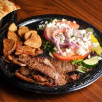 Gyro Plate · Beef and lamb served with salad, potatoes and grilled pita bread.