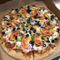 Vegetarian Pizza · Mushroom, tomato, green pepper, black olive, and onion.