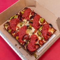Suparoni Special Pizza · Tomato sauce, mike's hot honey, cheese blend, peppadews, pepperoncini peppers, and pepperoni.