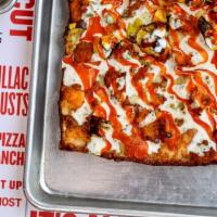 Buffalo Chicken Special Pizza · Ranch drizzle, cheese blend, blue cheese, pepperoncini peppers, and crispy buffalo chicken.