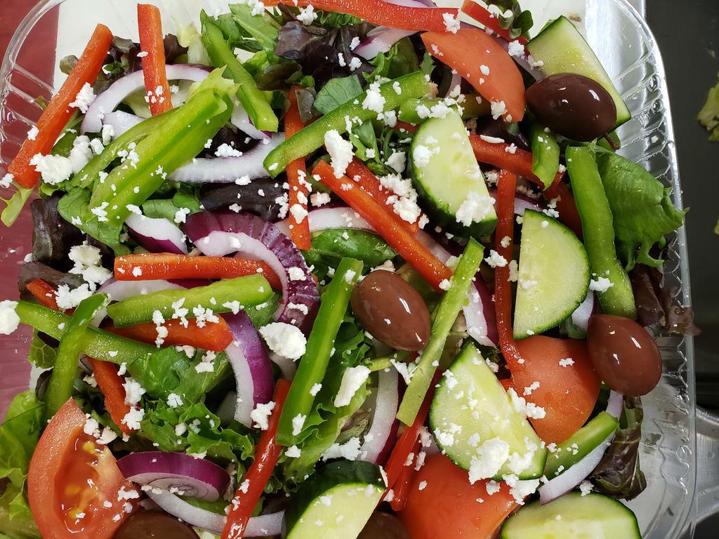 Chef Salad · Spring Mix, Lettuce, Green Pepper, Reg pepper, Red onion, Cucumber, Tomato, Feta Cheese, olive and pepperoncini