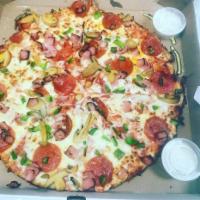Supreme Pizza · Pepperoni, ham, onions, green peppers, banana peppers, and mushrooms.
