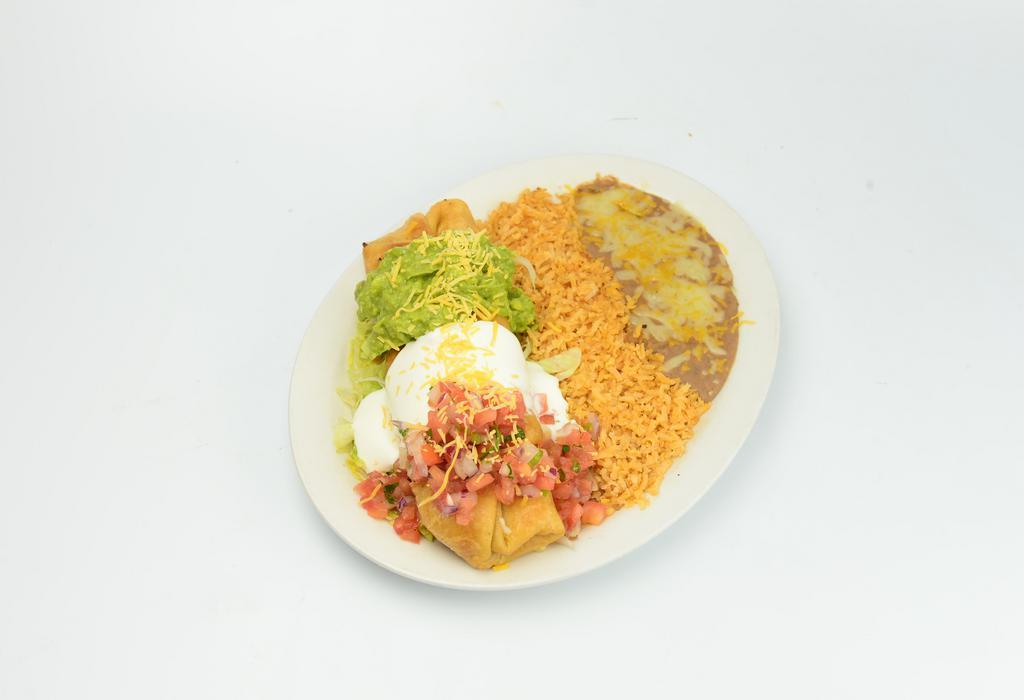 Chimichanga Deep Fried Burrito · Choice of meat, rice, beans, topped with sour cream, guacamole and salsa.