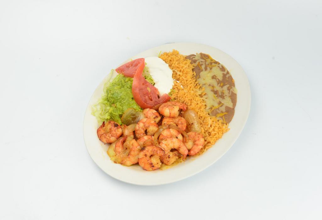 Camarones a la Plancha Plate · Grilled shrimp, prawns with onion, mild peppers, bacon, rice, beans, sour cream, guacamole, salad, and tortillas. 