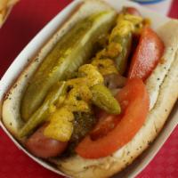 Pure Beef Hot Dog · With ketchup, mustard, onion, tomato, relish, pickle, sport peppers and celery salt.