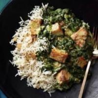 Saag Panner (Spinach and Cheese) Combo · Saag paneer dish with rice and naan.