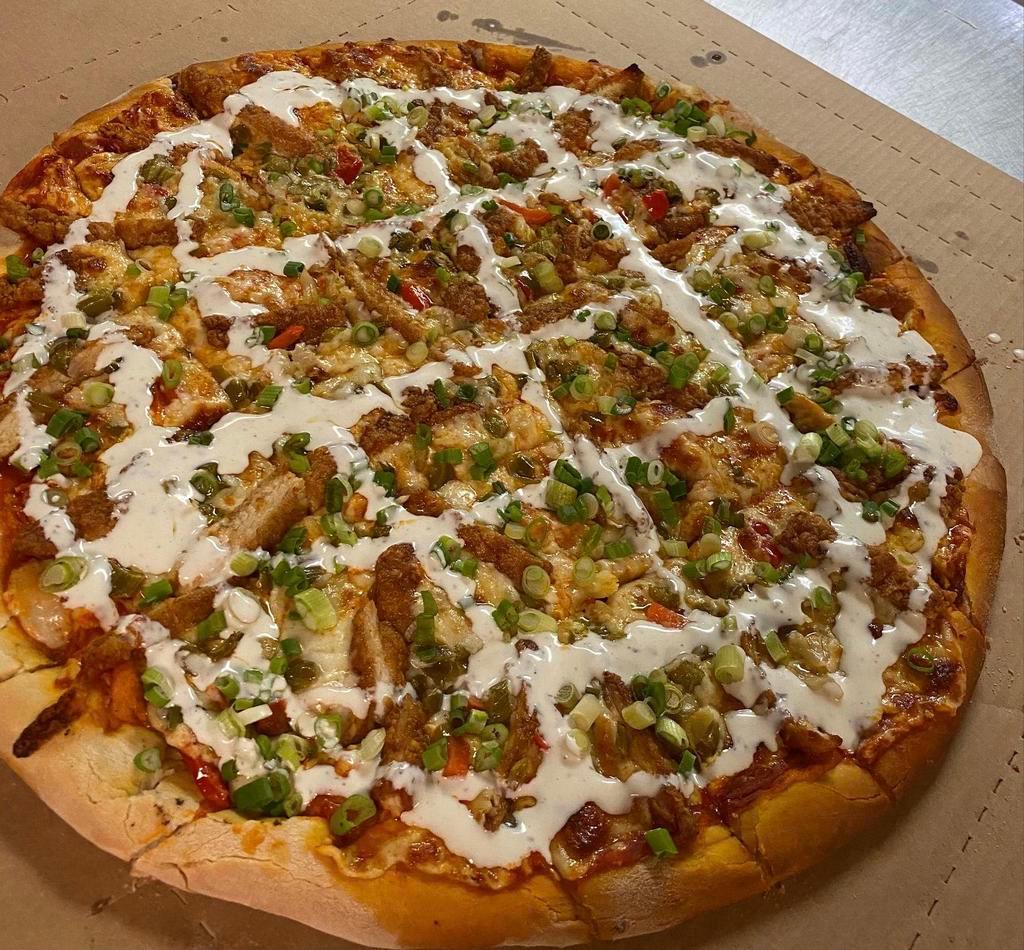 Hand Tossed Spicy Buffalo Chicken Pizza · Chicken tenders, hot giardiniera, scallion, drizzled with ranch, Buffalo sauce. No pizza sauce.