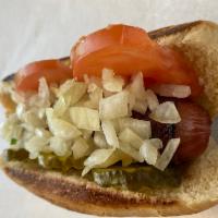 Chicago Dog · Delicious grilled beef hot dog, Topped pickles, onions and tomatoes