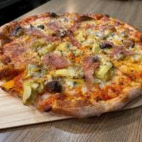 Prosciutto Artichoke Pizza · mozzarella, artichoke, wild mushrooms, olive, prosciutto. San Marzano Blend