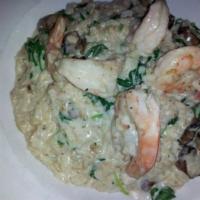 Shrimp Risotto · creamy Italian rice, sautéed jumbo shrimp, wild mushrooms, cherry tomatoes, and spinach