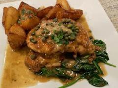 Chicken Limone · francese style , sautéed with capers, garlic lemon white wine, roasted spinach and herb pota...