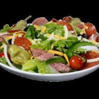 Antipasto Salad · Crisp romaine lettuce, onions, green peppers, Kalamata olives, tomatoes, salami, pepperoni, ...