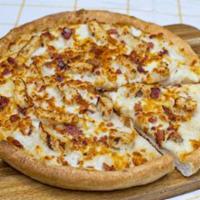 Alfredo Chicken Pizza · Top seller. Tender chicken strips, crispy bacon, Parmesan, our signature gourmet cheese blen...