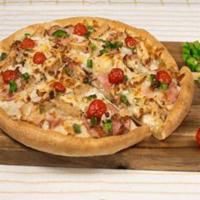 Ranch Style Chicken Pizza · Sarpino's traditional pan pizza baked to perfection and topped with creamy Ranch, tender gri...