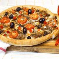 Pizza Santorini · Baked on a extra virgin olive oil base and topped with gyro meat, sauteed onions, tomatoes, ...
