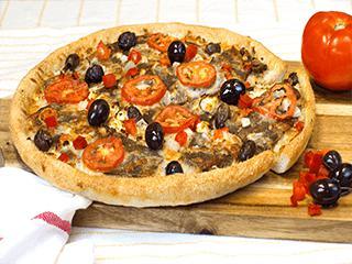 Pizza Santorini · Baked on a extra virgin olive oil base and topped with gyro meat, sauteed onions, tomatoes, Kalamata olives, feta, cheddar, our signature cheese blend, roasted red peppers and oregano. Served with a side of Tzatziki sauce.