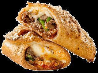 Steak Calzone · Thinly sliced steak, sauteed onions and green peppers, fresh mushrooms and our signature gourmet cheese blend smothered in homemade tomato sauce and wrapped in a golden-brown crust, brushed with rich garlic butter and sprinkled Parmesan cheese.