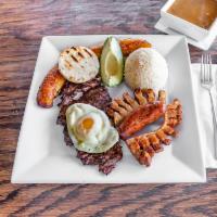 Bandeja Paisa · Grilled meat, Colombian sausage, pork rinds, fried egg, rice, corn cake, fried plantains, an...
