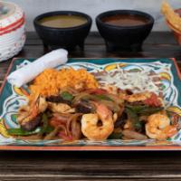 Fajitas Mix · Chicken, shrimp and steak. Served with Rice and beans.