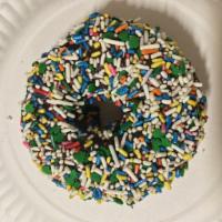 Chocolate Cake Donut with Sprinkles · 